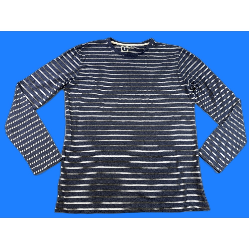 LSLV Striped Long Sleeve Tee Mens Blue Navy Crew Neck Cotton L Crewneck Basic